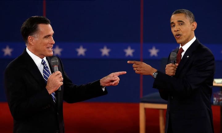 2012: Präsident Barack Obama und der frühere Gouverneur aus Massachusetts, Mitt Romney (l.), standen sich in drei hitzigen Debatten gegenüber. Mitt Romney zeigte jedoch Lücken, etwa seine Unkenntnis über die geografische Lage von Syrien, Irak und Iran. Obama präsentierte sich selbstbewusst.