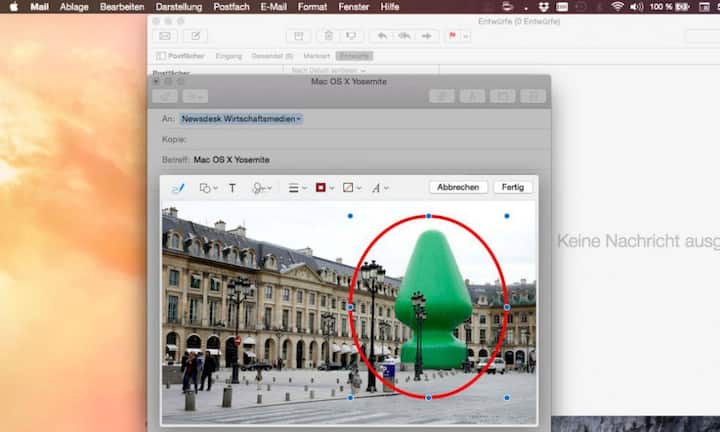 Auch der Webbrowser Safari wurde von Apple überarbeitet. Nutzer des E-Mailprogrammes finden in Yosemite zwei hilfreiche Neuerungen. Neu können Anhänge bis zu einer Grösse von fünf Gigabyte versendet werden. Zudem erlaubt das Programm eine Bearbeitung der Dateianhänge wie beispielsweise Bilder.