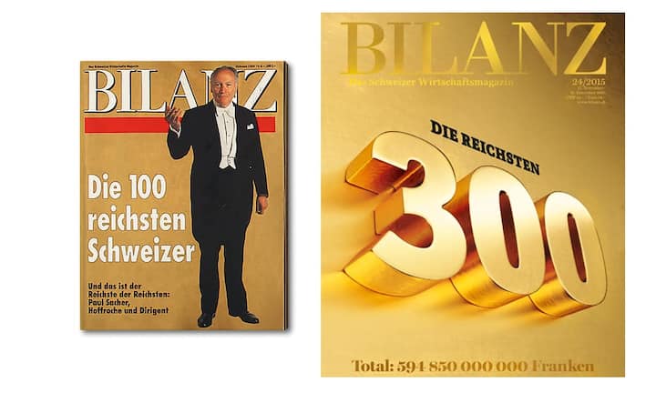 27 Jahre Reichste-Berichterstattung: Als BILANZ 1989 erstmals die Reichstenliste publizierte, besassen die damals erfassten 100 Allerreichsten zusammen 66 Milliarden Franken. Heute verfügen alleine die zwei Reichsten mit 73 Milliarden über mehr Vermögen als damals alle 100 zusammen. Im Bild sehen Sie links das Cover von 1989, rechts das der aktuellen Ausgabe.