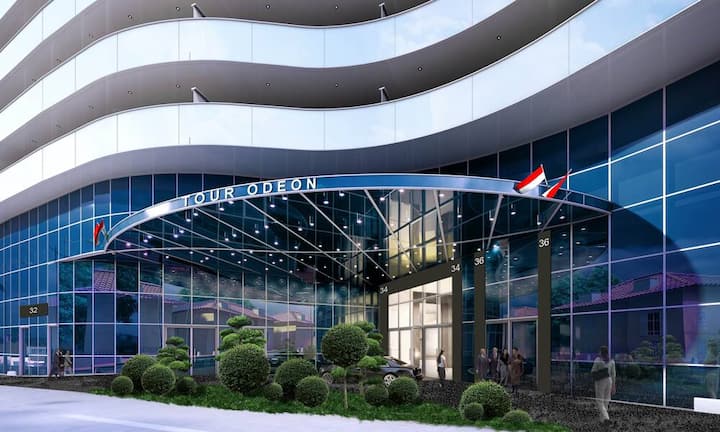 Der Eingang zum Odeon Tower. Bilder: Tour Odeon