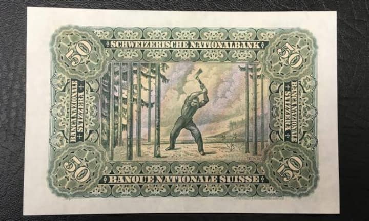 Auf der Rückseite dieser Note befand sich das berühmte Motiv des Holzfällers.