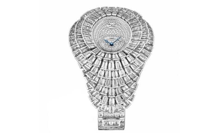 Nicht mehr steigerbar: Breguet Reine de Naples Crazy Flower Full Baguettes mit 120 Baguette-Diamanten auf dem Armband und 193 beweglich angeordneten Baguette-Diamanten auf der Uhr (insgesamt 76 Karat).