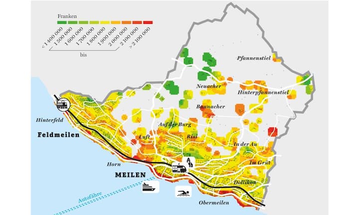 In Meilen wurde in den vergangenen Jahren sehr viel gebaut, vor allem grosse, teure Eigentumswohnungen, die sich kaum jemand leisten kann und die deshalb sehr schwierig zu verkaufen sind. Steuerlich gehört der Ort zu den attrraktivsten Zürcher Seegemeinden.