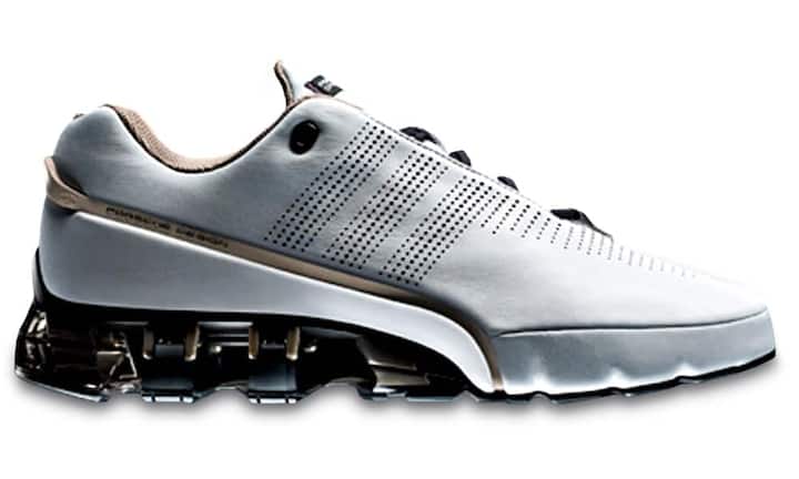 Porsche Design Sport P'5510 Bounce SL: Adidas entwickelte diesen Schuh exklusiv für die Sportpalette von Porsche Design. Das Dämpfungssystem Bounce verwendet wie beim Sportwagen Federn aus Metall. Sie dienen dem Komfort und sollen zudem für den Transfer von vertikal in horizontal wirkende Energie – und somit für schnelleres Vorwärtskommen – sorgen. Porsche Design 500 Franken