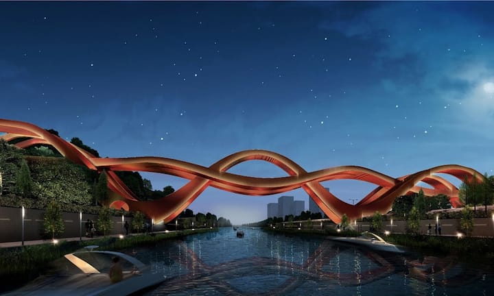 Lucky Knot Bridge von Next Architects, in Arbeit (Changsha, China)Die Eröffnung der Lucky Knot Bridge ist noch für 2016 geplant. Name und Form der Brücke soll an künstlerische, dekorative Knoten erinnern, die man in China mit ‚Glück‘ assoziiert. PR