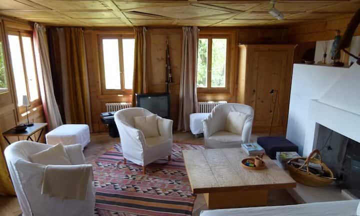 Auch die Decken und Wände sind teilweise aus Holz und es gibt verschiedene Cheminées im Haus.