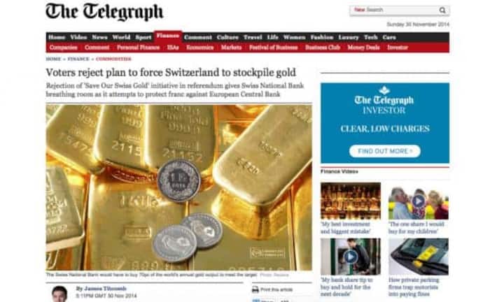 Nach dem dreifachen Nein: Die Gold-Initiative ist im Fokus der Berichterstattung des britischen «Telegraph». Die SNB habe nun wieder Luft zum Atmen, schreibt die Zeitung. Viel Luft habe sie aber nicht: Wenn Draghi Ernst macht mit der lockeren Geldpolitik im Euro-Raum, müsste sie sich bald wieder ins Zeug legen, um die Untergrenze zu halten. Wenigstens müsse sie jetzt aber kein Gold zukaufen, um die Grenze zu verteidigen.