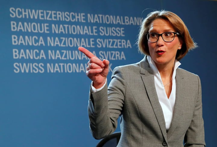 FILE PHOTO: Swiss National Bank (SNB) Governing Board member Andrea Maechler gestures after a news conference in Bern, Switzerland December 14, 2017. REUTERS Denis Balibouse/File Photo