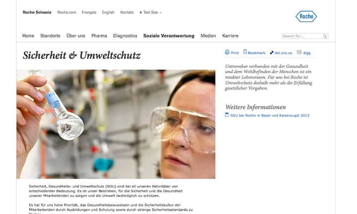 Platz 5: Roche (49,5 Punkte von maximal 100) Im Mittelfeld rangiert der Pharmariese Roche, der über seine Aktivitäten, Prozesse, Ziele und Ergebnisse im Bereich der Nachhaltigkeit rapportiert.