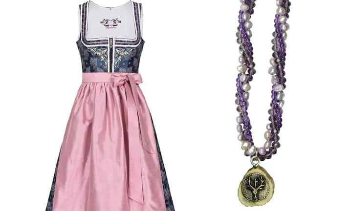 Sportalm Dirndl in Blau mit rosa Schürze 499 EuroLumisha Perlenkette mit Hirschanhänger 89,95 Euro