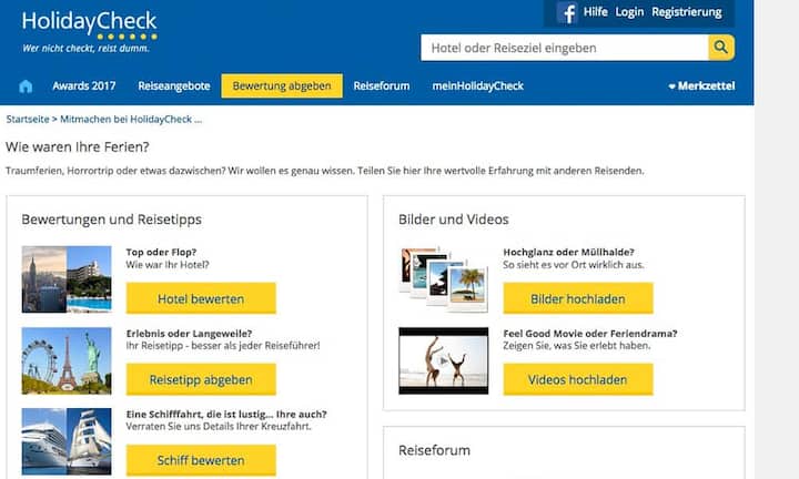 HolidayCheck – Bewertungsportal für Hotels und Pauschalreisen, Links zu Buchungsplattformen, eigenes Online-ReisebüroAnzahl Bewertungen: etwa 7 MillionenNutzer pro Monat: 14 MillionenGrossaktionär: Hubert Burda Media mit circa 59 Prozent