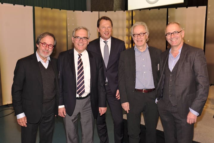 Fünf BILANZ-Chefredakteure in 40 Jahren: Andreas Zgraggen, Peter Hartmeier, Dirk Schütz, Medard Meier und René Lüchinger (v.l.)