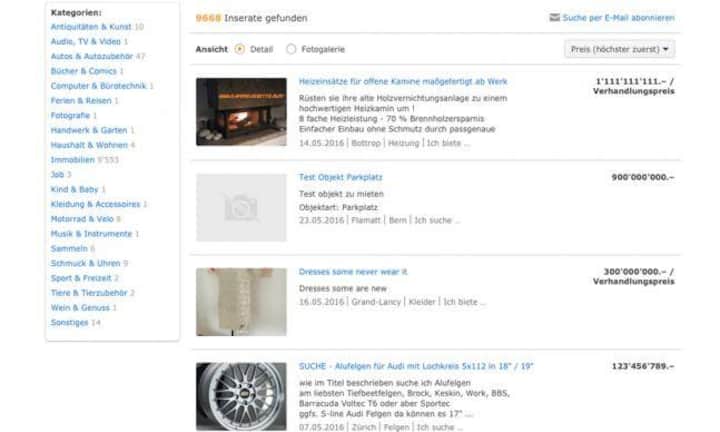 Allerdings müssen die kolportierten Preise auf der Webseite bei Anibis und anderen Plattformen nicht auch den tatsächlich bezahlten entsprechen. Die Betreiber von Anibis sind nicht in die Transaktion involviert und verdienen auch nicht daran. Es können deshalb auch Fantasiepreise wie 1'111'111'111 Franken veranschlagt werden.
Screenshots/Webseiten