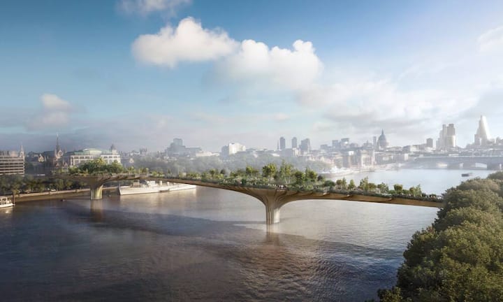Garden Bridge von Thomas Heatherwick, in Arbeit (London)
In London gibt es schon elf Brücken über der Themse, aber dieses Projekt könnte das ehrgeizigste sein: Die Kosten belaufen sich auf rund 275 Millionen Dollar. Inspiriert wurde Heatherwick angeblich vom Film «Titanic», als Leonardo DiCaprio am Schiffsbug steht. Kleine Balkone entlang der Brücke laden Passanten ein, diese Passage nachzuspielen. Die Fertigstellung ist für 2018 geplant. Garden Bridge Trust