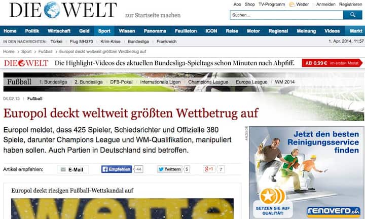 Europol gab im Februar 2013 in Den Haag bekannt, dass es zwischen 2008 und 2011 insgesamt 380 manipulierte Spiele gegeben haben soll. In rund 300 weiteren verdächtigen Fällen wurde ermittelt.
Bilder: Keystone & welt.de