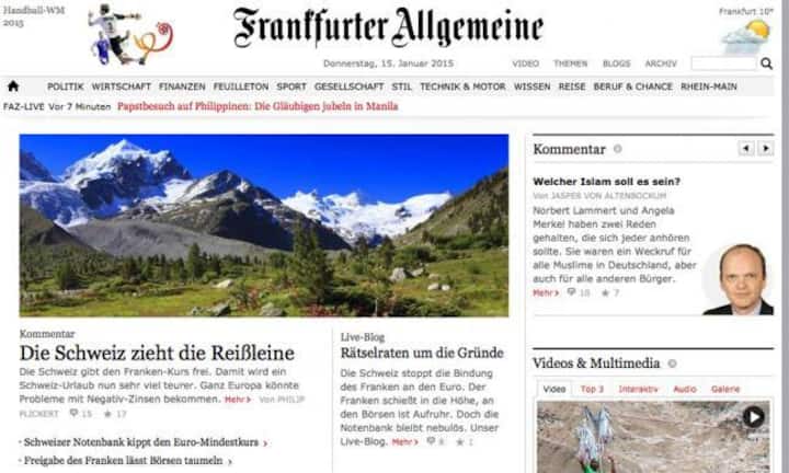 FAZ, Deutschland: Das Traditionsblatt titelt «Schweiz zieht die Reissleihne.» Im Nachbarland befürchtet man, die schweizerische Wirtschaft könnte nun in die Rezession rutschen.