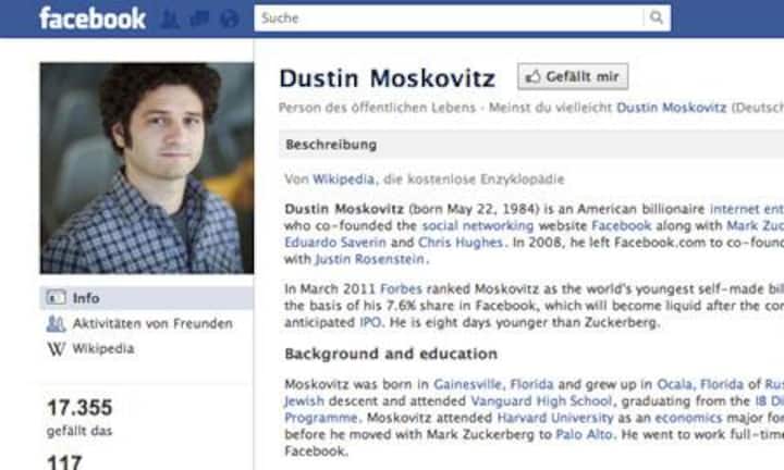 Dustin Moskovitz: Der Facebook-Mitgründer verliess das Unternehmen 2008 und startete seine eigene Firma Asana. Da er acht Tage jünger ist als Mark Zuckerberg, nahm er ihm den Titel «Amerikas jüngster Milliardär» weg. Er hält 7,6 Prozent.