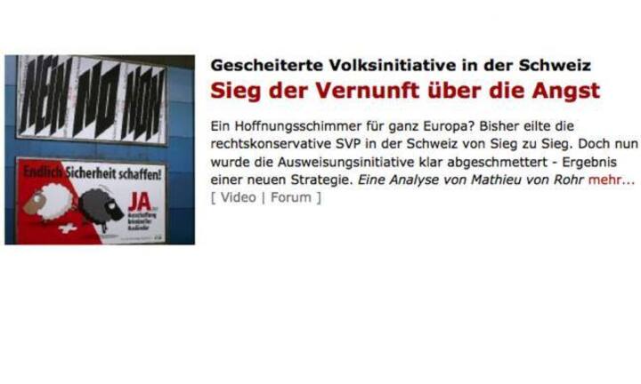 Der «Spiegel» schreibt: «Der heutige Tag ist ein überraschend klarer Sieg für die liberalen Kräfte in der Schweiz, aber er ist auch ein Signal an Europa Trotz des aufgeheizten Klimas in der Flüchtlingsfrage erteilt die Schweizer Bevölkerung einer unverhältnismässig harten, gegen Ausländer gerichteten Initiative eine Absage.»