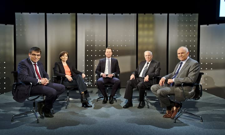 Roger Nordmann;
Regula Rytz;
Dirk Schütz;
Christoph Blocher;
Hans Hess (Bildlegende v.l.n.r.)