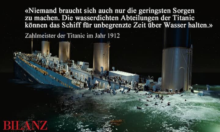 Nicht nur als luxuriösestes und grösstes Passagierschiff galt die Titanic 1912, auch wurde beteuert, es sei das sicherste. Mit einem Eisberg hatte dazumal niemand gerechnet - schlussendlich kostete das Unglück auf dem Atlantik 1500 von 2200 Passagieren innert kürzester Zeit das Leben. 
Keystone