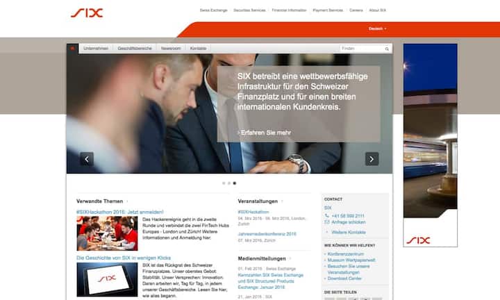 In Kooperation mit Comprend hat das italienische Beratungsunternehmen Lundquist die Online-Kommunikation von nicht-börsennotierten Firmen bewertet. Die Unternehmen mit den besten Webauftritten in der Schweiz: Platz 10: SixPunktzahl: 37,3 von 80 (Vorjahr: nicht gelistet)