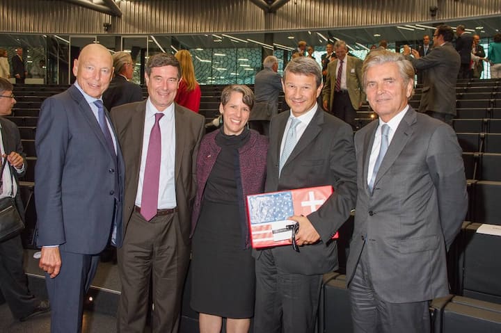 Peter Brabeck-Letmathe, Verwaltungsratspräsident Nestlé;  Mauro Dell'Ambrogio, Staatssekretär; Suzi LeVine, Botschafterin der USA in der Schweiz; Patrick Firmenich, Preisträger Gallatin Award 2014; Ivan Pictet, President, Fondation pour Genève