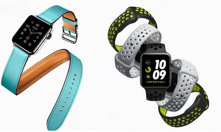 Für seine Apple Watch stellt Apple neue Armbanduhren vor. Der iPhone-Hersteller arbeitet dafür mit bekannten Firmen wie Nike (Modell rechts im Bild) und Hermès zusammen.