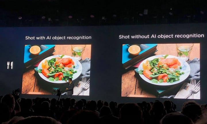 Ein neuartiger Chip («Kirin 679») verwendet erstmals AI, um bereits bei der Fotografie durch Bilderkennung zu unterstützen. Die Kamera kann 13 verschiedene Motive unterscheiden und somit optimiert fotografieren. Zum Beispiel: das Gericht auf dem eigenen Teller. Oder, ganz wichtig...