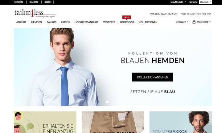 Spezialkategorie: Best Feature 
tailor4less.com
Der Anzugs-Konfigurator von tailor4less.com der Firma AFT ist ein tolles Feature. Mit Akribie und Detailgenauigkeit lässt sich hier der individuelle Anzug zusammenstellen und manch ein User ist erstaunt, wie viele Optionen nur schon ein Veston bietet. Die Nutzer führung ist ge schickt. Selten hat das Konfigurieren von Kleidern in diesem Detaillierungsgrad so viel Spass gemacht.