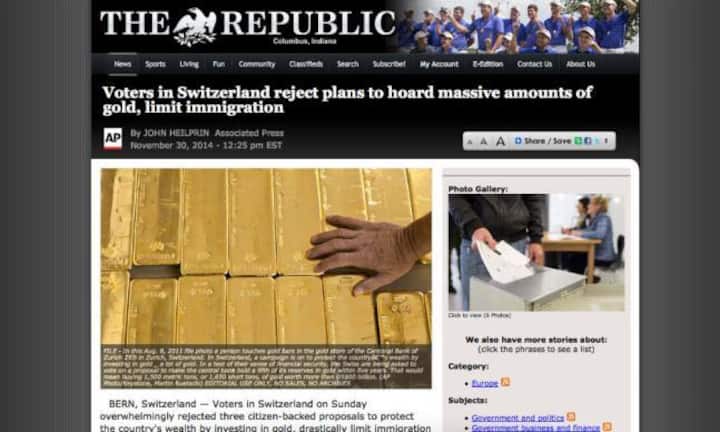 In den USA hat die Gold-Initiative ohnehin hohe Wellen geschlagen, nachdem der republikanische Senator Ron Paul seine Sympathie für das Anliegen bekundete. Zuletzt war die amerikanische Berichterstattung aber doch eher nüchtern und orientierte sich an den Texten, die aus den Nachrichtenagenturen aufbereitet wurden.