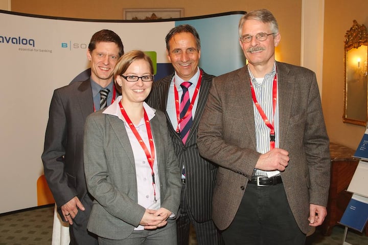 Simon Lehmann, Mitglied der Geschäftsleitung, Basellandschaftliche Kantonalbank; Sarah von Reling, International Event Manager, Avaloq Evolution AG; Peter Schöpfer, Head Global Account Sales, Avaloq Evolution AG; Hansruedi Häni, Head of Information Technology, Bank J. Safra Sarasin AG