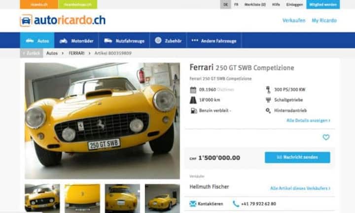 Die Angebote auf Autoricardo sind klar die umsatzstärksten des Internet-Auktionshauses. Wer den schönen Ferrari aus den 60er-Jahren haben will, muss 1'500'000 Franken auf den Tisch legen.