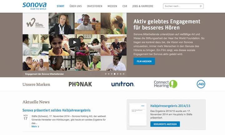 Die besten Webauftritte unter den grössten 46 Unternehmen der Schweiz - Der grösste Gewinner heisst Sonova: Im Vorjahr noch auf Platz 22 legte der Hörgerätespezialist durch eine verbesserte Berichterstattung und mehr Informationen rund um das Thema Karriere um 9 Punkte zu. Im Webranking macht das 2014 Platz 11 (50,3 Punkte von 100 möglichen Punkten).