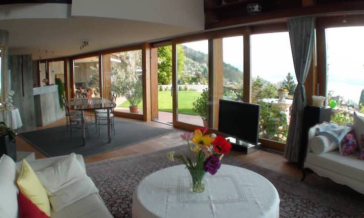 Das Objekt liegt eingebetet am Südhang vom Thunersee und bietet Panoramablick auf den See und die Berge.