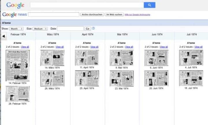 ArchivsucheDie Archivsuche per Google News ist seit Dezember 2014 wieder aktiv. Sie bietet an, englisch- und französischsprachige Publikationen bis teils Mitte des 19. Jahrhunderts zu durchforsten.