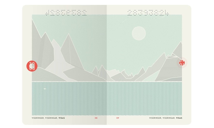 Die Passseiten sind in Pastelltönen gehalten, in zarten Linien sind Berge und Seen gezeichnet.