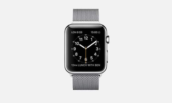 Apple Watch, 42 mm Edelstahlgehäuse mit Milanaise-Edelstahlarmband. Hersteller: Apple, Kalifornien.