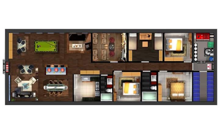 In dieser Animation ist eine komplett eingerichtete 3-Zimmer-Wohnung, mit Küche, Wohnzimmer, Abstellkammer und eigenem Fernsehraum zu sehen. Die Bunkertür ist nicht gross genug für eine Garage.