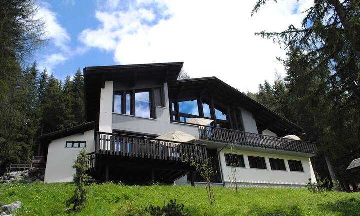 Die freistehende Villa umfasst ca. 1000 m2 Wohnfläche und liegt auf einem rund 2000 m2 sonnigen Grundstück am Hang mit Blick auf Davos.