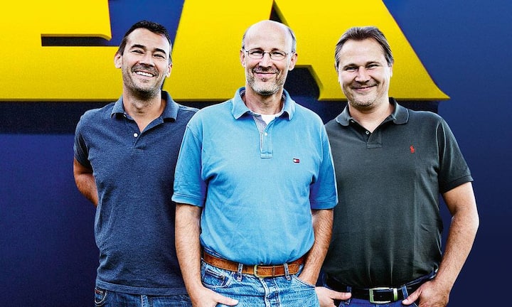 Platz 1.: Familie Kamprad / Kanton Waadt: Die Schweizer Jonas, Peter und Mathias (v.l.) sind die drei Söhne von Ikea-Möbelhaus-Gründer Ingvar Kamprad. Vermögen: 41 bis 42 Milliarden Franken.