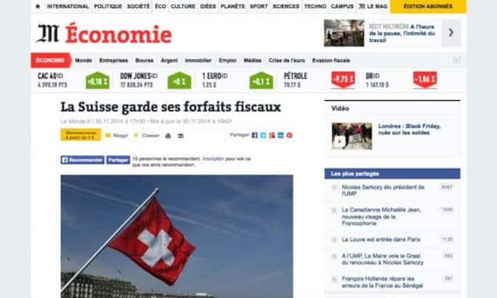 Unser Nachbar im Westen widmet sich nicht primär der Ecopop-Initiative, sondern schiesst sich auf das Steuerthema ein. «La Suisse garde ses forfaits fiscaux», stänkert die Zeitung «Le Monde». Im Klartext: Die Schweiz behält ihre Steuervorteile.