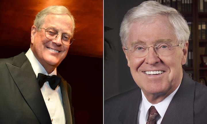 Die Brüder Charles (rechts) und David Koch, Besitzer von Koch Industries, liegen mit je 42 Milliarden Dollar auf dem geteilten vierten Platz.