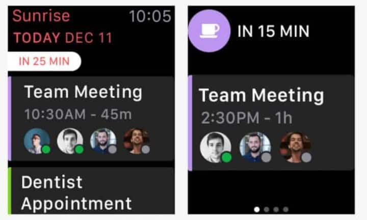 Sunrise Calendar – dürftig 
Der  Sunrise Calendar  von Microsoft  erlaubt, verschiedene Kalender in  einem darzustellen  und Termine zu  koordinieren. Auf  der Apple Watch  ist das Anzeigen der Termine und Besprechungen möglich. Die Übersicht zeigt die Termine pro Tag an. Auch hier gilt: Die Anwendung auf der Apple Watch ist eine Verlängerung des iPhones, Termine zu bearbeiten oder zu erstellen ist nicht möglich. Fazit: Zu wenig, um zu überzeugen.