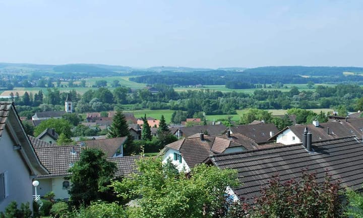 Von der Terrasse aus geniesst man eine freie Sicht auf das Bergpanorama.