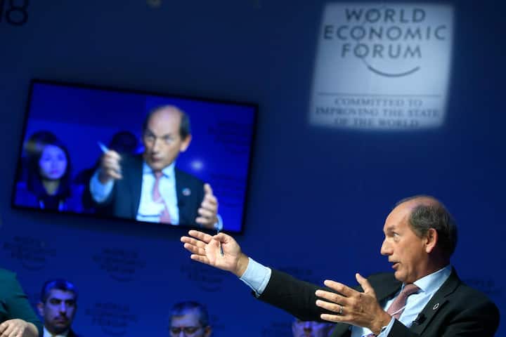 Nestle's Chairman Paul Bulcke from Belgium speaks during a panel session during the 48th Annual Meeting of the World Economic Forum, WEF, in Davos, Switzerland, Wednesday, January 24, 2018. The meeting brings together entrepreneurs, scientists, corporate and political leaders in Davos, January 23 to 26. (KEYSTONE/Laurent Gillieron)
