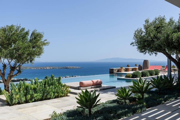 Vom Pooldeck, bepflanzt mit Kakteen und Olivenbäumen, geniesst man freien Blick aufs Meer und auf die Inseln Ios und Naxos.