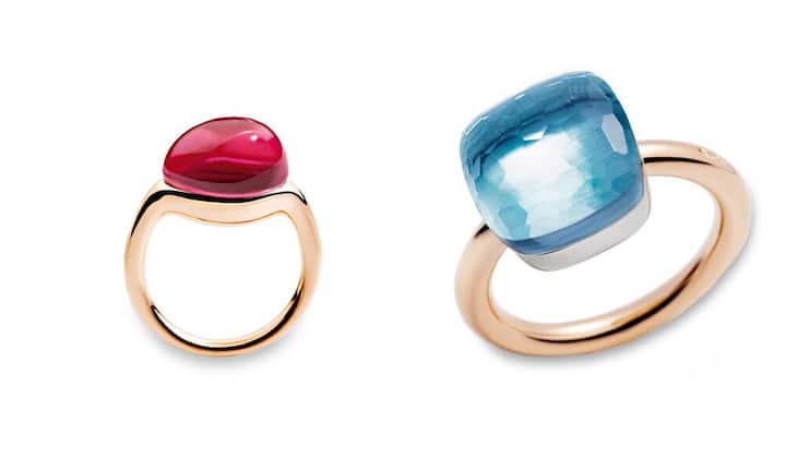 Pomellato Ring: Rouge Passion (l.) in Roségold mit Rubin, 990 Fr., Ring Nudo in Roségold mit Topas, 2630 Franken.