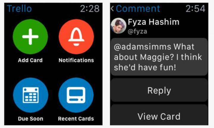 Trello – recht eigenständig 
Trello  bietet wie andere  Apps auf der Apple Watch die Ergänzung per Sprach eingabe. So kann  der Nutzer in der  Orga-Anwendung  Einträge erstellen,  Checklisten erweitern. Vorlagen vom iPhone werden mit Fotos und Chronik der Bearbeitung angezeigt, Ergänzungen per Uhr auf das iPhone übertragen. Fazit: Eigenständiger als andere Apps, aber ausbaufähig.