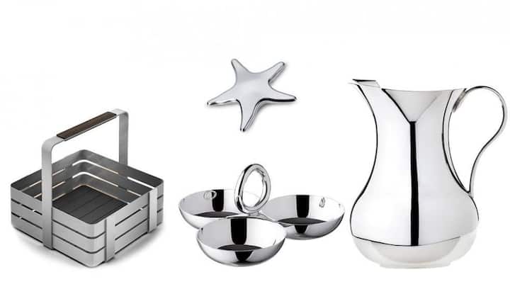 Die elegante Wasserkaraffe und die Schälchen aus Silber von Christofle verleihen der Sommertafel eine glanzvolle Note. Der formschöne Utensilien-/Besteckkorb aus Edelstahl von Carl Mertens, Solingen, sorgt für einen strahlenden Tag. Ein praktisches Zubehör ist der Serviettenhalter aus Cromargan ® Edelstahl von WMF. Mit dem Beschwerer für die Platzkärtchen von AdHoc bleibt alles auch bei einer erfrischenden Windböe an seinem Platz. www.christofle.com, www.wmf.de und www.adhoc-design.de