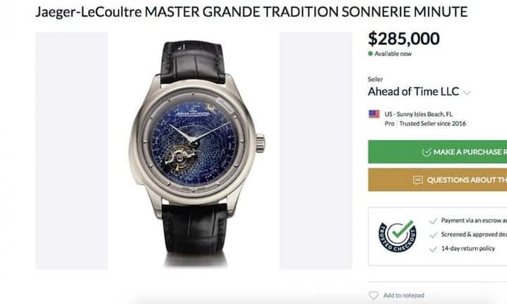 10. Jaeger-LeCoultre Master Grande Tradition Grande Complication
Die technische Meisterleistung von Jaeger-LeCoultre mit fliegendem Tourbillon und Minutenrepetition gibt es laut diesem Inserat für 285'000 Dollar. In anderen Versionen, die ebenfalls auf der Seite angeboten werden, kann sie auch mehr als 400'000 Franken kosten.
